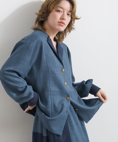 Material（Avenue）（マテリアル）の「【Material】ワッシャースラブ 配色 テーラードカラー リブ袖口 シャツ ジャケット（テーラードジャケット・レディース・ブラウン/チャコール/インディゴブルー・FREE）」の3枚目の写真