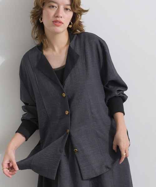 Material（Avenue）（マテリアル）の「【Material】ワッシャースラブ 配色 テーラードカラー リブ袖口 シャツ ジャケット（テーラードジャケット・レディース・ブラウン/チャコール/インディゴブルー・FREE）」の2枚目の写真