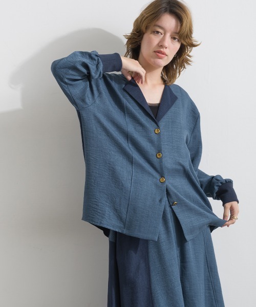 Material（Avenue）（マテリアル）の「【Material】ワッシャースラブ 配色 テーラードカラー リブ袖口 シャツ ジャケット（テーラードジャケット・レディース・ブラウン/チャコール/インディゴブルー・FREE）」の10枚目の写真