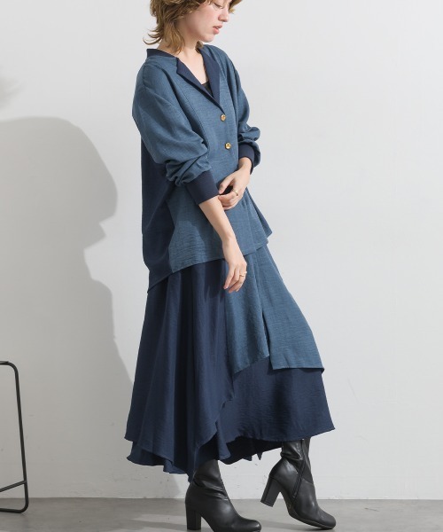 Material（Avenue）（マテリアル）の「【Material】ワッシャースラブ 配色 テーラードカラー リブ袖口 シャツ ジャケット（テーラードジャケット・レディース・ブラウン/チャコール/インディゴブルー・FREE）」の11枚目の写真