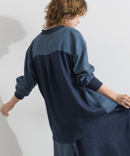 Material（Avenue）（マテリアル）の「【Material】ワッシャースラブ 配色 テーラードカラー リブ袖口 シャツ ジャケット（テーラードジャケット・レディース・ブラウン/チャコール/インディゴブルー・FREE）」の12枚目の写真