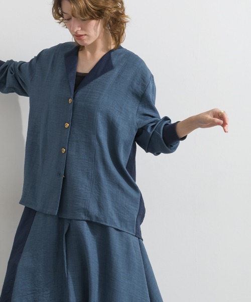Material（Avenue）（マテリアル）の「【Material】ワッシャースラブ 配色 テーラードカラー リブ袖口 シャツ ジャケット（テーラードジャケット・レディース・ブラウン/チャコール/インディゴブルー・FREE）」の13枚目の写真