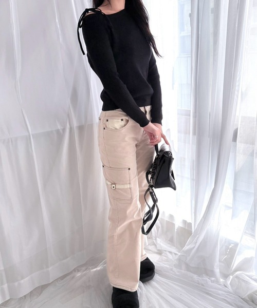 merrylatte(メリーラテ)の「ワンショルダー リボンデザイン リブニット アシンメトリー スリムトップス(ニット/セーター・レディース・ホワイト/レッド/ブラック・FREE)」の9枚目の写真