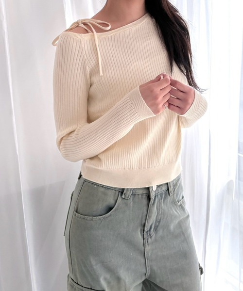 merrylatte(メリーラテ)の「ワンショルダー リボンデザイン リブニット アシンメトリー スリムトップス(ニット/セーター・レディース・ホワイト/レッド/ブラック・FREE)」の20枚目の写真