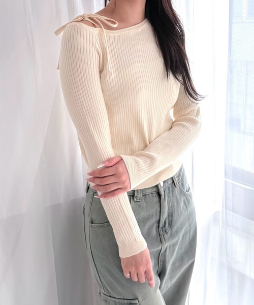 merrylatte(メリーラテ)の「ワンショルダー リボンデザイン リブニット アシンメトリー スリムトップス(ニット/セーター・レディース・ホワイト/レッド/ブラック・FREE)」の22枚目の写真