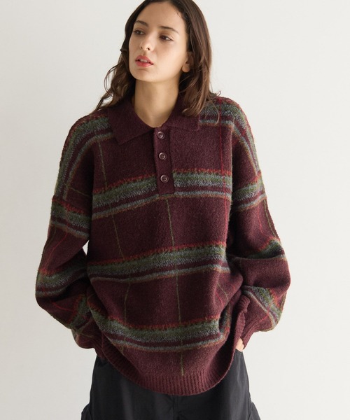 PBLIM(ページボーイリム)の「《UNISEX》メランジチェックポロニット(ニット/セーター・レディース・ボルドー/ブラウン/グレー・FREE)」の2枚目の写真