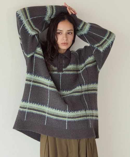 PBLIM(ページボーイリム)の「《UNISEX》メランジチェックポロニット(ニット/セーター・レディース・ボルドー/ブラウン/グレー・FREE)」の1枚目の写真