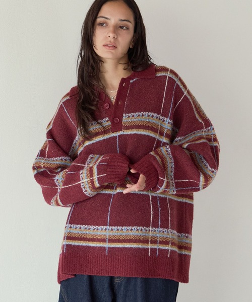 PBLIM(ページボーイリム)の「《UNISEX》メランジチェックポロニット(ニット/セーター・レディース・ボルドー/ブラウン/グレー・FREE)」の3枚目の写真