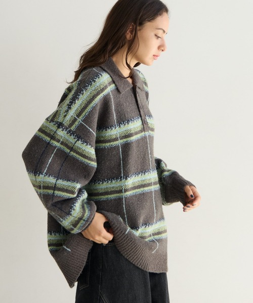 PBLIM(ページボーイリム)の「《UNISEX》メランジチェックポロニット(ニット/セーター・レディース・ボルドー/ブラウン/グレー・FREE)」の12枚目の写真