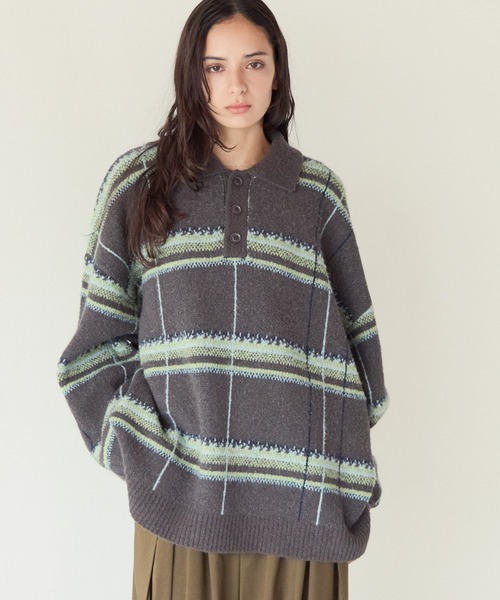PBLIM(ページボーイリム)の「《UNISEX》メランジチェックポロニット(ニット/セーター・レディース・ボルドー/ブラウン/グレー・FREE)」の4枚目の写真