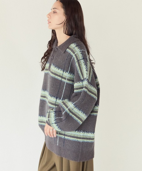 PBLIM(ページボーイリム)の「《UNISEX》メランジチェックポロニット(ニット/セーター・レディース・ボルドー/ブラウン/グレー・FREE)」の6枚目の写真
