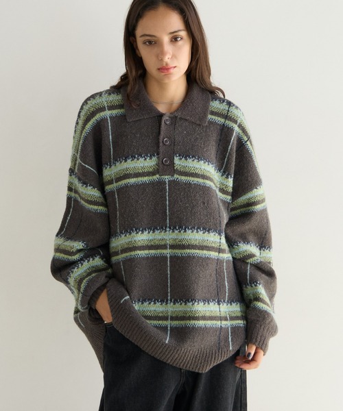PBLIM(ページボーイリム)の「《UNISEX》メランジチェックポロニット(ニット/セーター・レディース・ボルドー/ブラウン/グレー・FREE)」の11枚目の写真