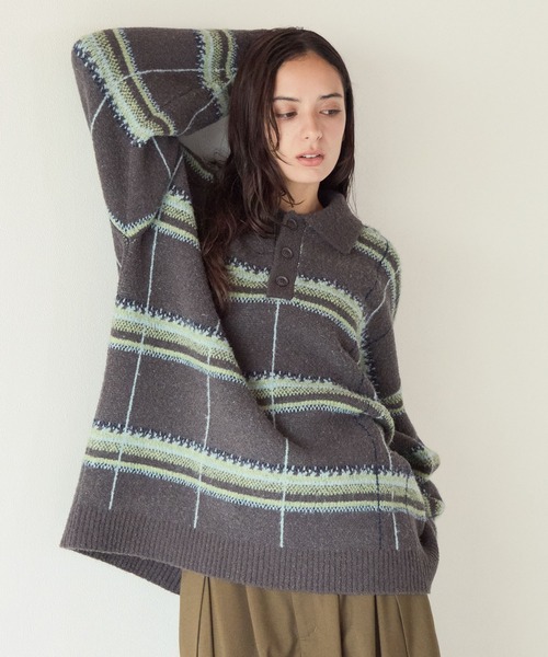 PBLIM(ページボーイリム)の「《UNISEX》メランジチェックポロニット(ニット/セーター・レディース・ボルドー/ブラウン/グレー・FREE)」の5枚目の写真