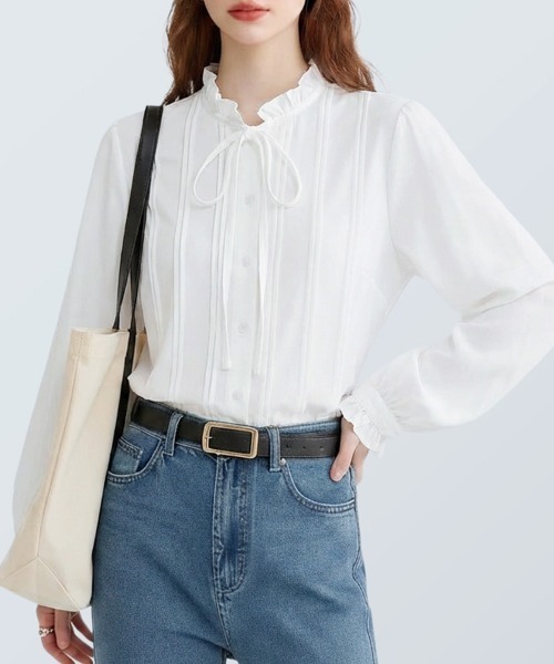 ONEP STAR(ワンピスター)の「フリルネックピンタック長袖ボウタイブラウス(シャツ/ブラウス・レディース・ホワイト・X-LARGE/LARGE/MEDIUM)」の12枚目の写真