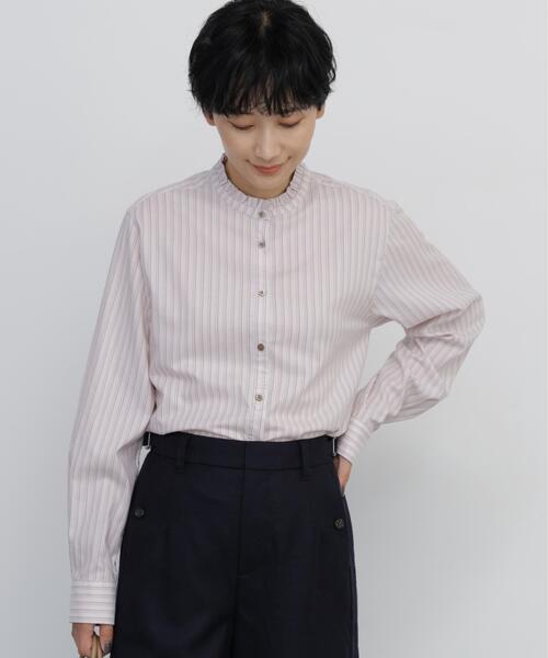 human woman(ヒューマンウーマン)の「◆コットンツイルストライプスタンドフリルブラウス(シャツ/ブラウス・レディース・チャコールグレー/ピンク系その他3/ベージュ系その他3・MEDIUM)」の3枚目の写真