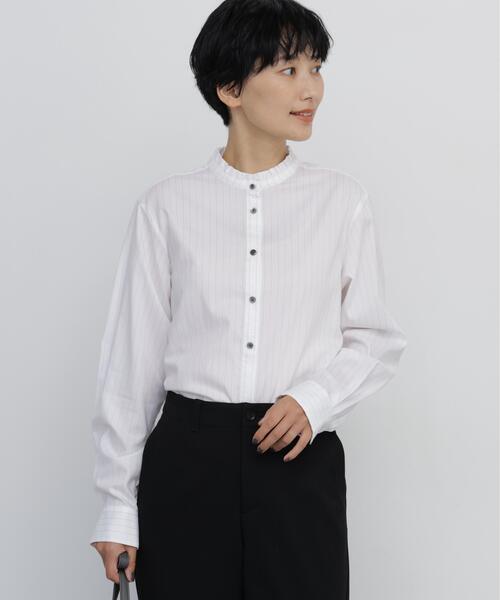 human woman(ヒューマンウーマン)の「◆コットンツイルストライプスタンドフリルブラウス(シャツ/ブラウス・レディース・チャコールグレー/ピンク系その他3/ベージュ系その他3・MEDIUM)」の5枚目の写真