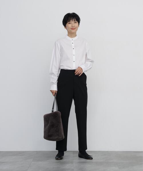 human woman(ヒューマンウーマン)の「◆コットンツイルストライプスタンドフリルブラウス(シャツ/ブラウス・レディース・チャコールグレー/ピンク系その他3/ベージュ系その他3・MEDIUM)」の6枚目の写真