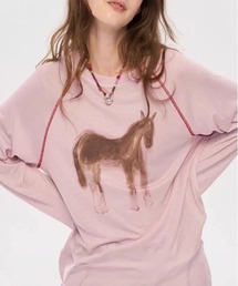 【長袖】馬柄プリントラグランロングTシャツ