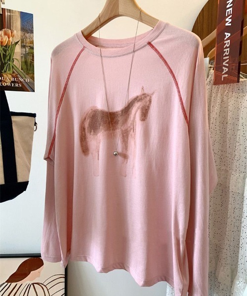 WEGO(ウィゴー)の「【長袖】馬柄プリントラグランロングTシャツ(Tシャツ/カットソー・レディース・ピンク/ホワイト・LARGE/MEDIUM)」の11枚目の写真