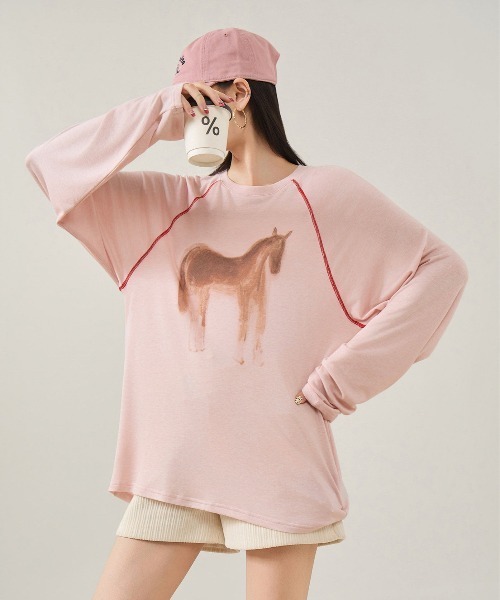 WEGO(ウィゴー)の「【長袖】馬柄プリントラグランロングTシャツ(Tシャツ/カットソー・レディース・ピンク/ホワイト・LARGE/MEDIUM)」の8枚目の写真
