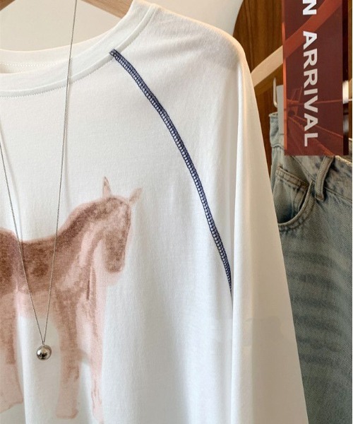 WEGO(ウィゴー)の「【長袖】馬柄プリントラグランロングTシャツ(Tシャツ/カットソー・レディース・ピンク/ホワイト・LARGE/MEDIUM)」の16枚目の写真