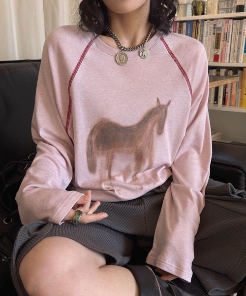 WEGO(ウィゴー)の「【長袖】馬柄プリントラグランロングTシャツ(Tシャツ/カットソー・レディース・ピンク/ホワイト・LARGE/MEDIUM)」の6枚目の写真