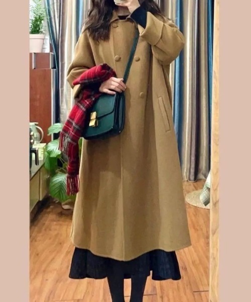 LUCPY（ラクピー）の「ダブルブレスト Aラインロングコート（その他アウター・レディース・ブラック/ブラウン・X-LARGE/LARGE/MEDIUM/SMALL）」の3枚目の写真