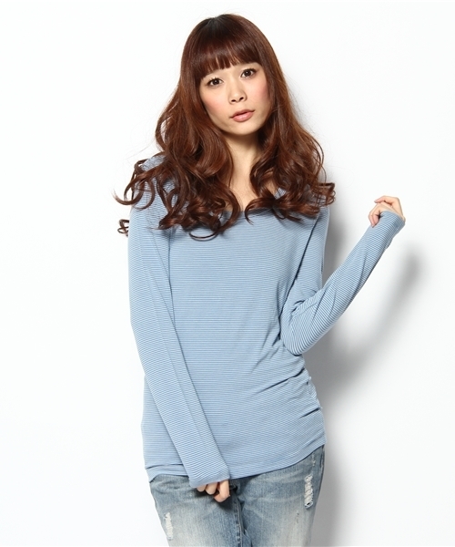 coen（コーエン）の「【VERY掲載】発熱ボーダーUネックカットソー ∞（Tシャツ/カットソー・レディース・ホワイト/ダークブラウン/ピンク/ワインレッド/コバルトブルー/ネイビー・MEDIUM/LARGE）」の4枚目の写真