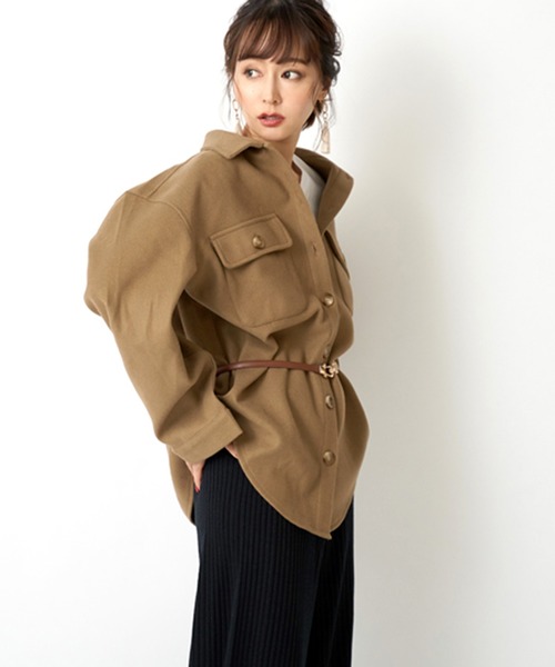 STYLEBLOCK(スタイルブロック)の「プリントパッチ付きソフトメルトン素材ビッグシルエットCPOシャツ(シャツ/ブラウス・レディース・ブラック/ナチュラル/モカ/パープル・M)」の2枚目の写真
