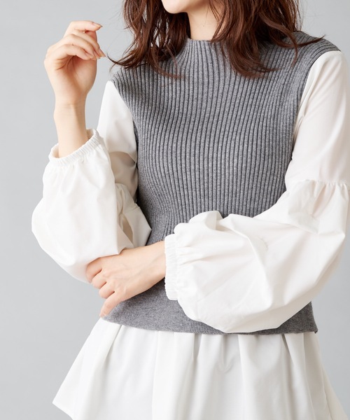prose verse(プロズヴェール)の「ボリュームスリーブ シャツドッキングニット ニットベスト(ニット/セーター・レディース・ブラック/グレー/カーキ・フリ-)」の3枚目の写真