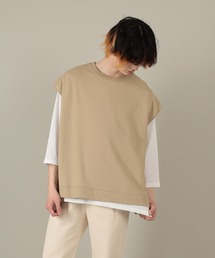 ワイドルーズベスト×7分袖ワッフルTシャツ/2点セット/アンサンブル