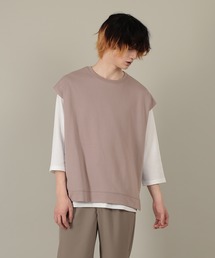 ワイドルーズベスト×7分袖ワッフルTシャツ/2点セット/アンサンブル