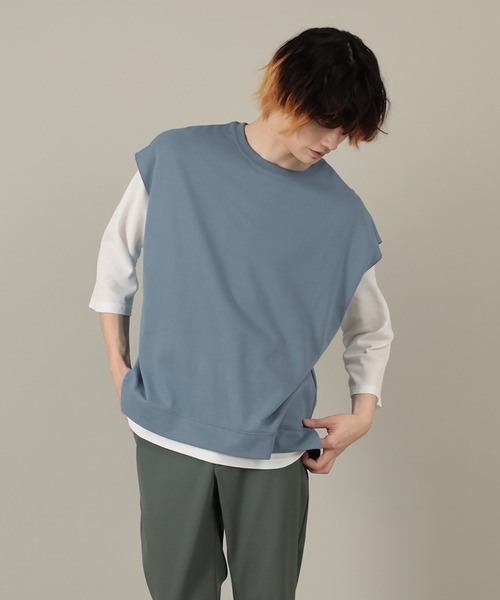 SlashDate(スラッシュデイト)の「ワイドルーズベスト×7分袖ワッフルTシャツ/2点セット/アンサンブル(ベスト・メンズ・ブルー/ベージュ/アイボリー/ライトパープル/ブラック・XL/L/M)」の5枚目の写真