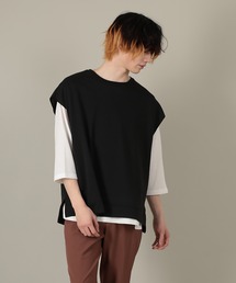 ワイドルーズベスト×7分袖ワッフルTシャツ/2点セット/アンサンブル
