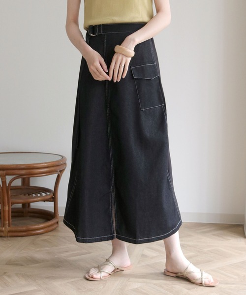 vingtrois(バントロア)の「【vingtrois】プリーツドッキングステッチデニムスカート(スカート・レディース・ブラック/ネイビー・M)」の3枚目の写真