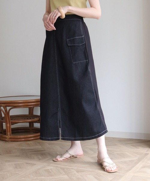 vingtrois(バントロア)の「【vingtrois】プリーツドッキングステッチデニムスカート(スカート・レディース・ブラック/ネイビー・M)」の6枚目の写真