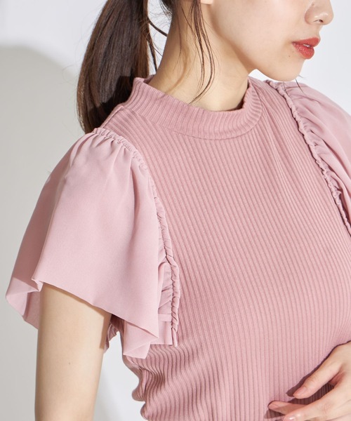 tocco closet（トッコ　クローゼット）の「シフォンボリュームスリーブ切り替えリブトップス（ニット/セーター・レディース・ラベンダー/ピンクベージュ・M）」の18枚目の写真