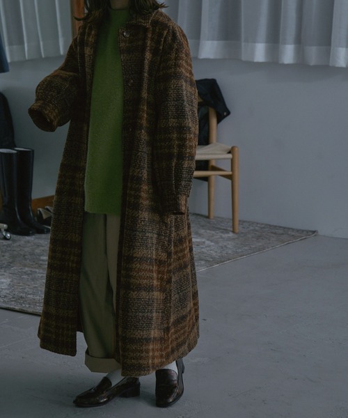 etoll.（エトル）の「チェック柄タックロングコート（ステンカラーコート・レディース・ネイビー/ブラウン/グレー・M/L）」の9枚目の写真