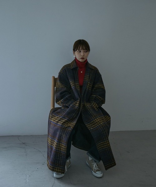 etoll.（エトル）の「チェック柄タックロングコート（ステンカラーコート・レディース・ネイビー/ブラウン/グレー・M/L）」の19枚目の写真