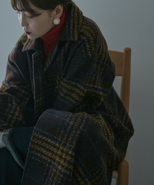 etoll.（エトル）の「チェック柄タックロングコート（ステンカラーコート・レディース・ネイビー/ブラウン/グレー・M/L）」の11枚目の写真