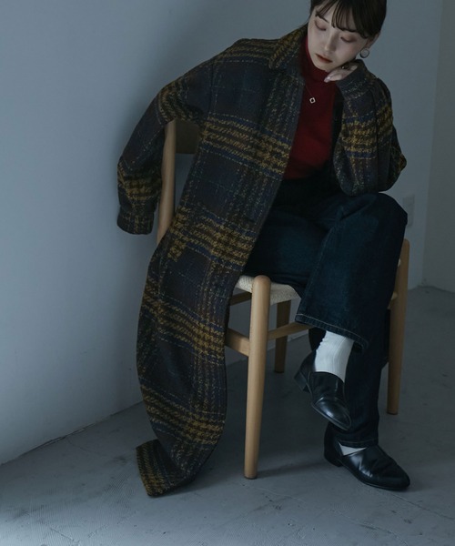 etoll.（エトル）の「チェック柄タックロングコート（ステンカラーコート・レディース・ネイビー/ブラウン/グレー・M/L）」の10枚目の写真