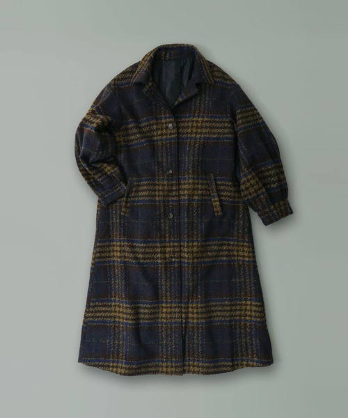 etoll.（エトル）の「チェック柄タックロングコート（ステンカラーコート・レディース・ネイビー/ブラウン/グレー・M/L）」の5枚目の写真