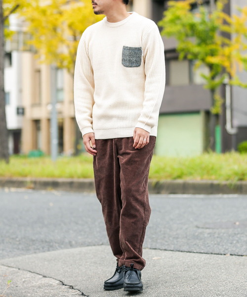 HARRIS TWEED(ハリスツイード)の「ハリスツイードポケット付き畦編みプルオーバー(ニット/セーター・メンズ・ブラウン/ネイビー/オフホワイト/グレー・MEDIUM/LARGE)」の8枚目の写真