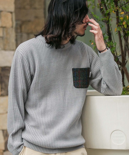 HARRIS TWEED(ハリスツイード)の「ハリスツイードポケット付き畦編みプルオーバー(ニット/セーター・メンズ・ブラウン/ネイビー/オフホワイト/グレー・MEDIUM/LARGE)」の3枚目の写真