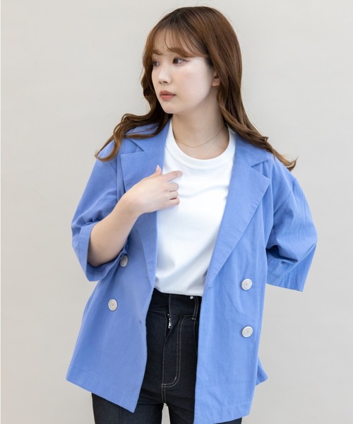 koe（コエ）の「麻見えエンボス半袖ジャケット＊（テーラードジャケット・レディース・ブラック/ブルー/グリーン/アイボリー・M）」の4枚目の写真