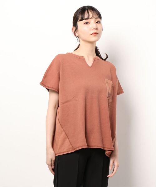 CUBE SUGAR（キューブシュガー）の「CUBE SUGAR/キューブシュガー　天竺xワッフル フレンチスリーブクルー（Tシャツ/カットソー・レディース・チャコールグレー/ベージュ/オレンジ・FREE）」の11枚目の写真