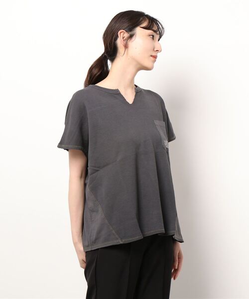 CUBE SUGAR（キューブシュガー）の「CUBE SUGAR/キューブシュガー　天竺xワッフル フレンチスリーブクルー（Tシャツ/カットソー・レディース・チャコールグレー/ベージュ/オレンジ・FREE）」の13枚目の写真