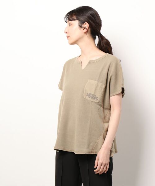 CUBE SUGAR（キューブシュガー）の「CUBE SUGAR/キューブシュガー　天竺xワッフル フレンチスリーブクルー（Tシャツ/カットソー・レディース・チャコールグレー/ベージュ/オレンジ・FREE）」の15枚目の写真