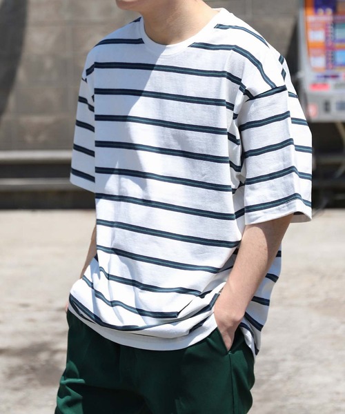 ZIP FIVE（ジップファイブ）の「【ZIP FIVE】アソートマルチボーダーオーバーサイズ半袖Tシャツ（Tシャツ/カットソー・レディース・ホワイト×ブラック/ブラック×ホワイト/ホワイト×ネイビー/ホワイト系/ブラック系/グリーン系/グリーン系1/ネイビー系/ネイビー系1/ブルー系/ブルー系1・MEDIUM/LARGE/X-LARGE）」の4枚目の写真