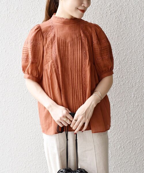 〈手洗い可能〉レースデザイン半袖ブラウス◆